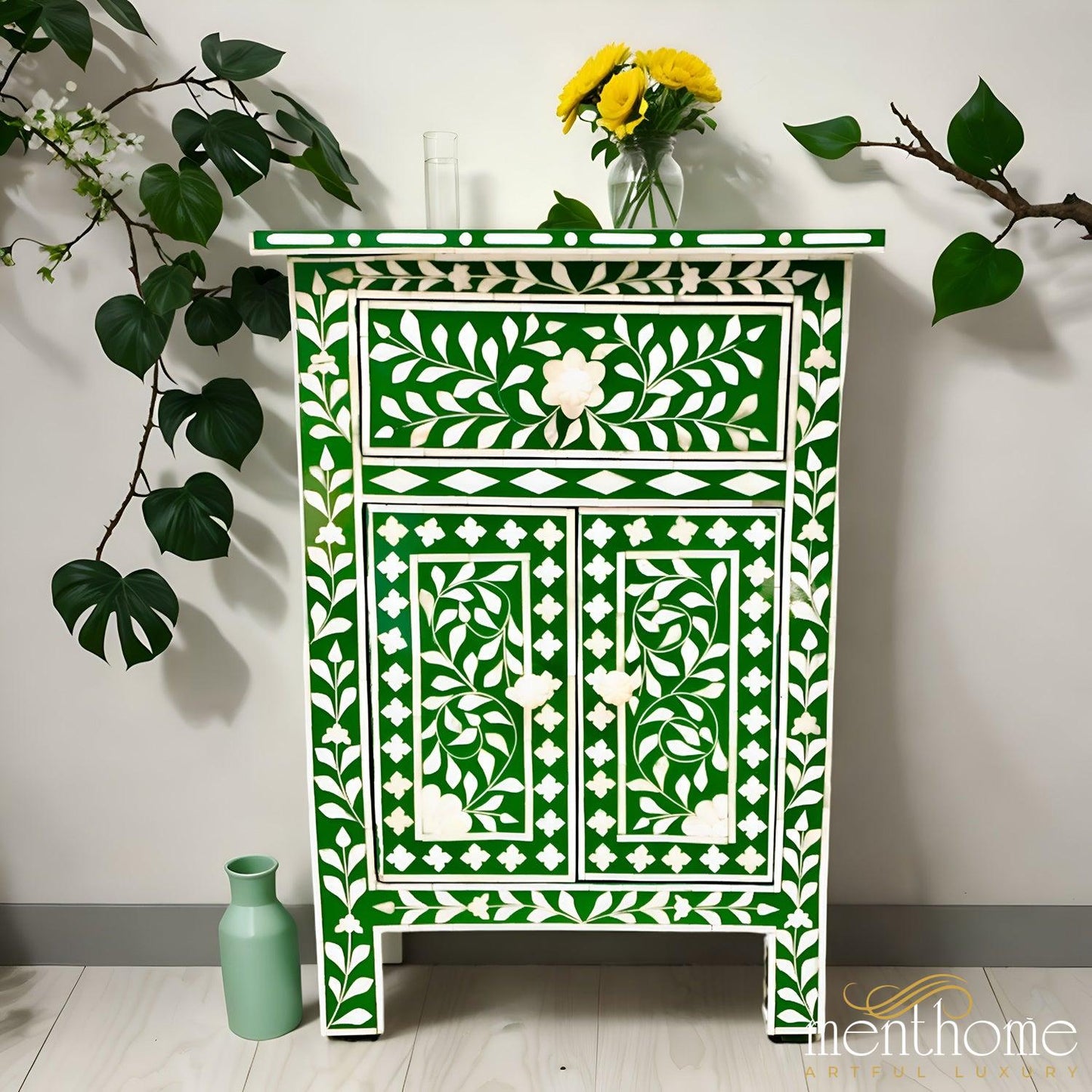 Resin Green Floral Pattern One Drawer Bedside Table | Luxury Handmade Bedside Table
