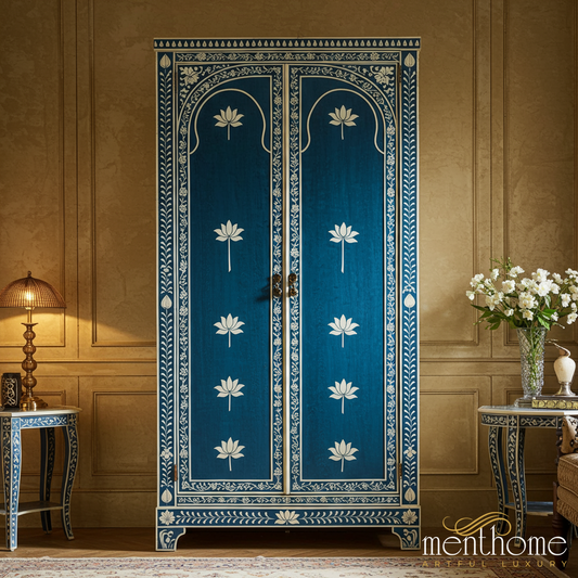 Handcrafted Blue Floral Inlay Wooden Wardrobe | Luxury Handmade Wardrobe