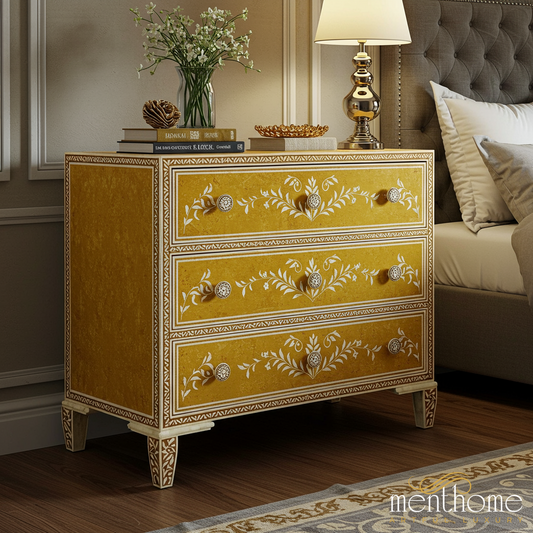 Vintage Yellow Floral 3-Drawer Chest
