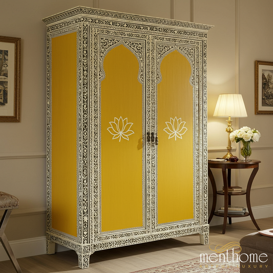 Handcrafted Indian Bone Inlay Mustard Yellow Wardrobe | Luxury Handmade Wardrobe