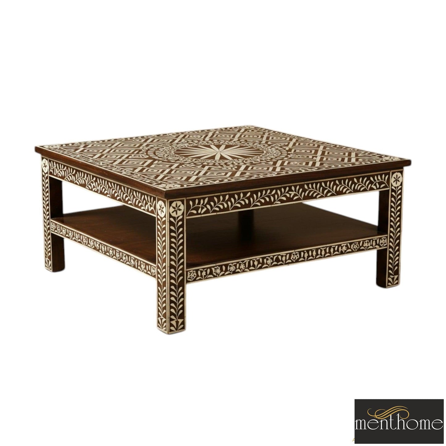 Handmade Bone Inlay Brown Coffee Table Modern Square Furniture | Luxury Handmade Coffee Table