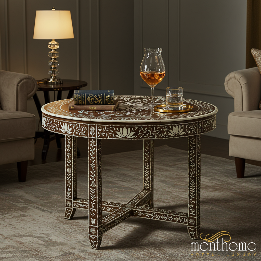 Ornate Inlaid Wooden Round Coffee Table | Luxury Handmade Coffee Table