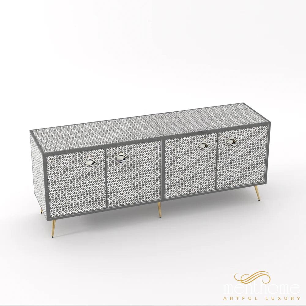 Geometric Flower-Bone Inlay -Rectangular-Tv Cabinet | Luxury Handmade TV Cabinet