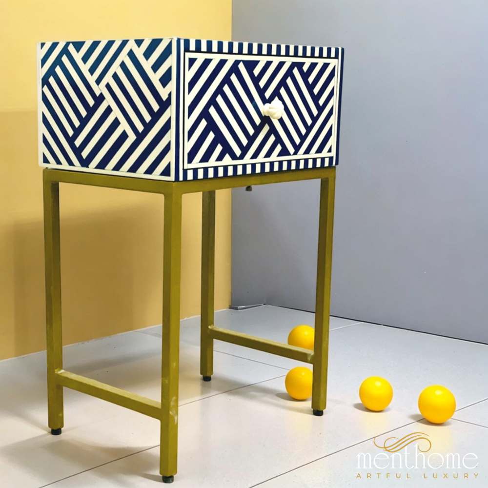 Optical Design Resin Navy Blue Bedside Table with Brass Stand | Luxury Handmade Bedside Table