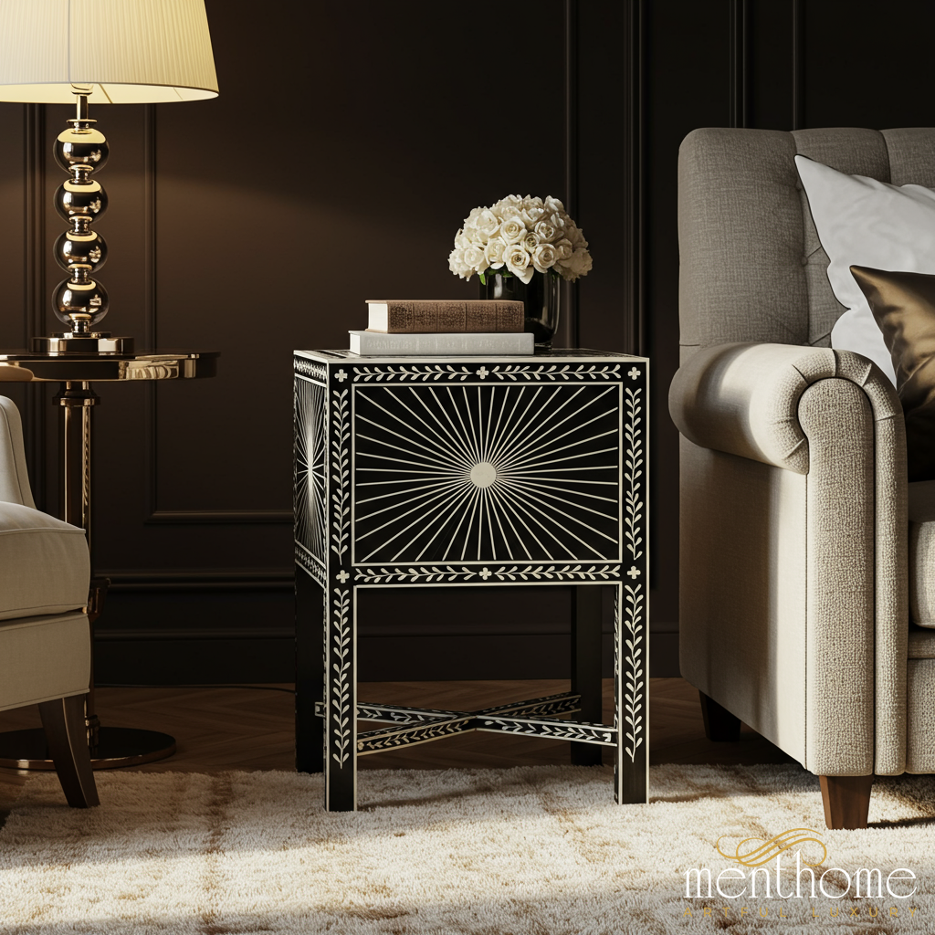 Black and White Inlaid Side Table | Luxury Handmade Bedside Table