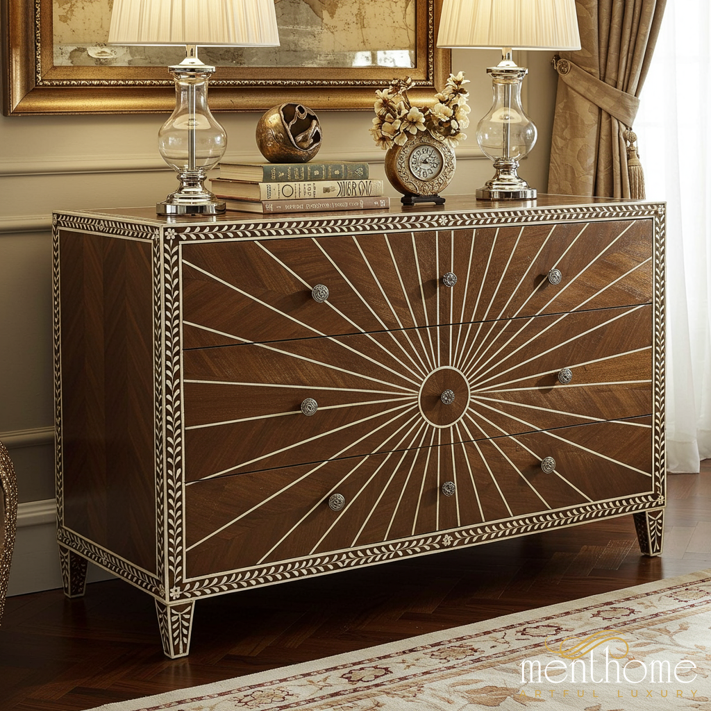 Decorative Wooden Chest with Radiant Inlay Design | Luxury Handmade Dresser