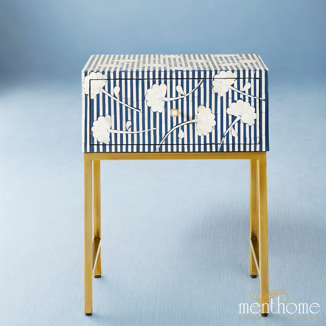 Flower Pattern Bedside Table with Metal Base | Luxury Handmade Bedside Table