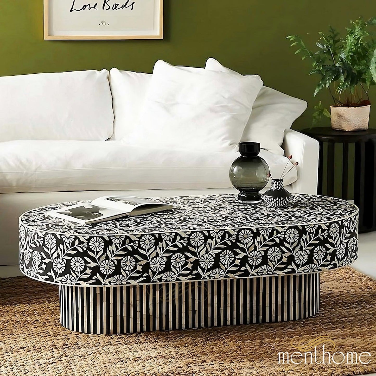 Bone Inlay Oval Coffee Table Wooden Pattern Furniture | Luxury Handmade Coffee Table