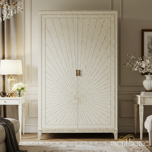 Elegant Sunburst Pattern White Wooden Wardrobe | Luxury Handmade Wardrobe