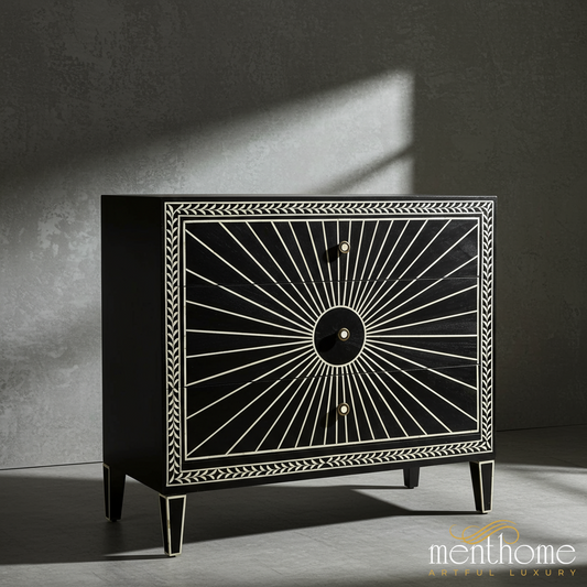 Black and White Sunburst Patterned Chest of Drawers | Luxury Handmade Chest of Drawer