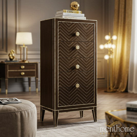 Elegant Dark Wood Five-Drawer Chest with Gold Accents | Luxury Handmade Tallboy
