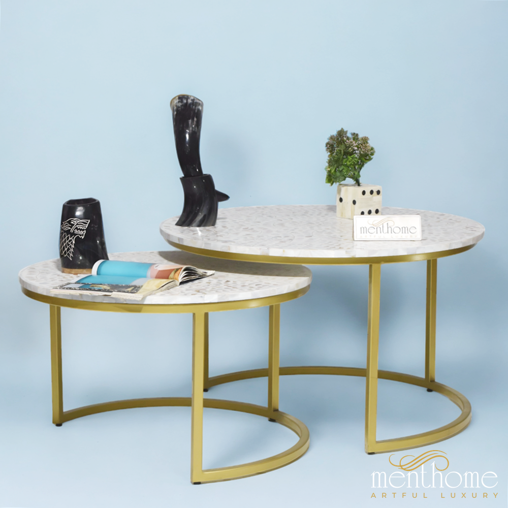 Mother of Pearl Set of 2 Coffee Table with Brass base | Luxury Handmade Coffee Table