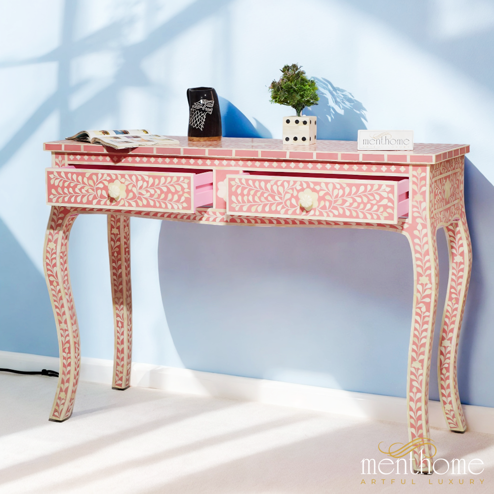 2-Drawers Pink Floral Boen Inlay Bedside Table | Luxury Handmade Bedside Table