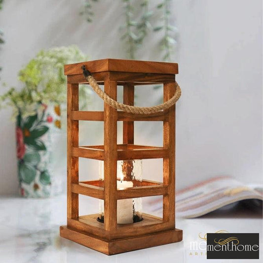 Rectangular Wooden Lantern With Jute Rope Candle Holder | Luxury Handmade Candle Holder