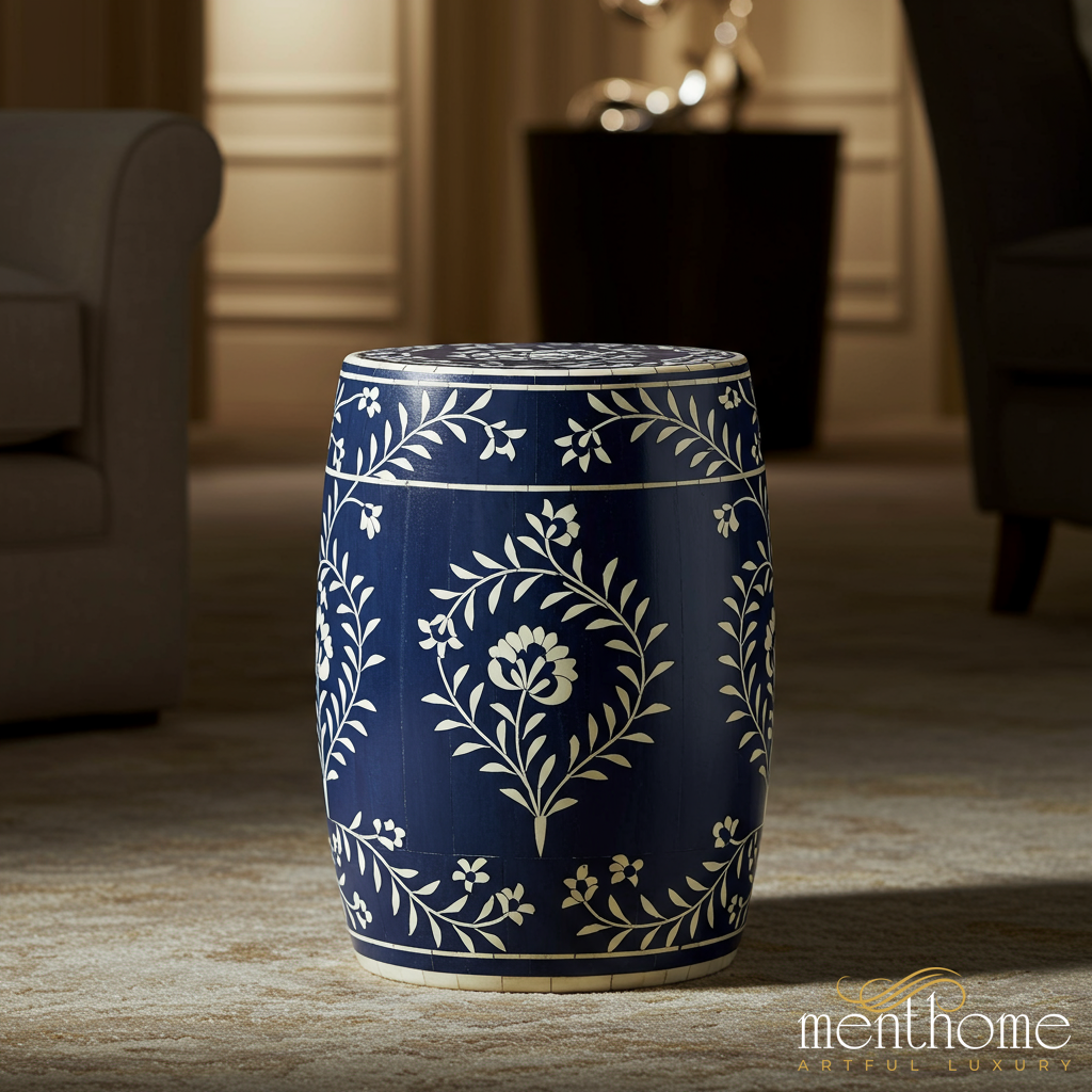 Navy Blue Floral Garden Stool Luxury Handmade Stool
