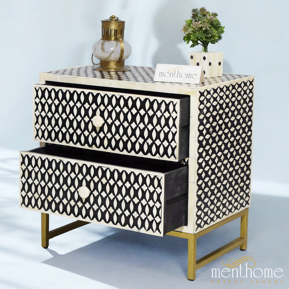 Eye Pattern 2 drawer Bedside Table Black Bone Inlay | Luxury Handmade Bedside Table