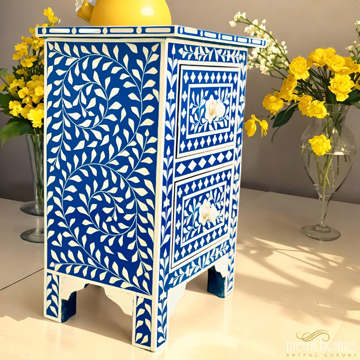 Floral Pattern Blue Resin Bedside Table | Luxury Handmade Bedside Table