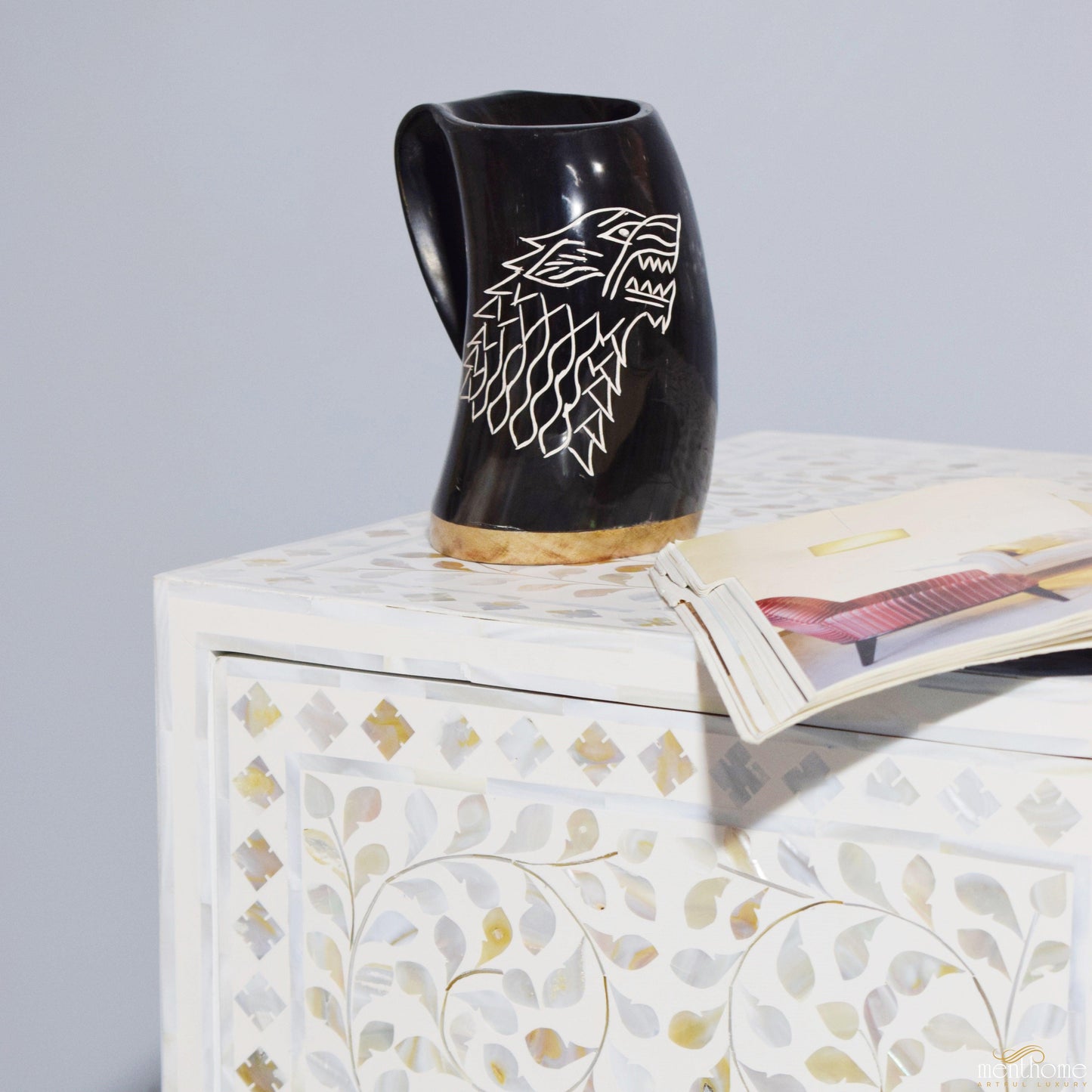 Mother of Pearl 2-door cabinet with brass leg | Luxury Handmade Cabinet