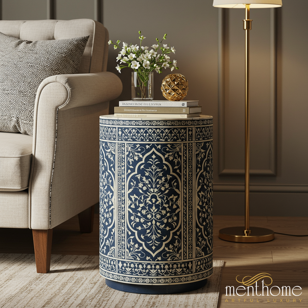 Elegant inlay Drum Side Table | Luxury Handmade Side Table