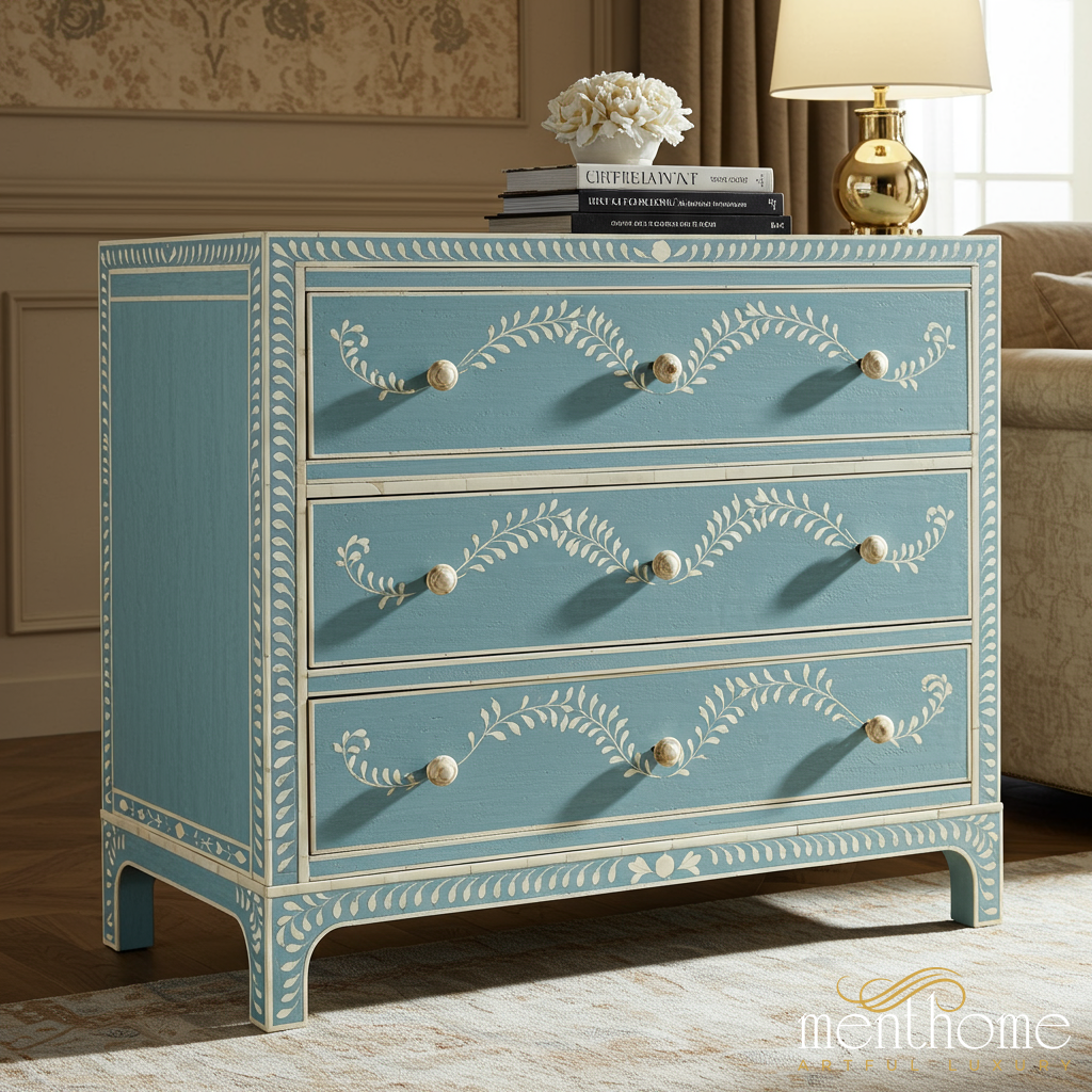 Hand-Painted Blue Wooden Chest with Floral Design | Luxury Handmade Chest of Drawer