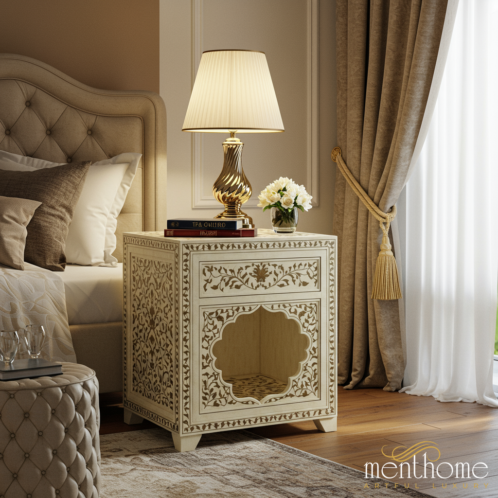 Handcrafted Intricate Bone Inlay Bedside Table | Luxury Handmade Bedside Table
