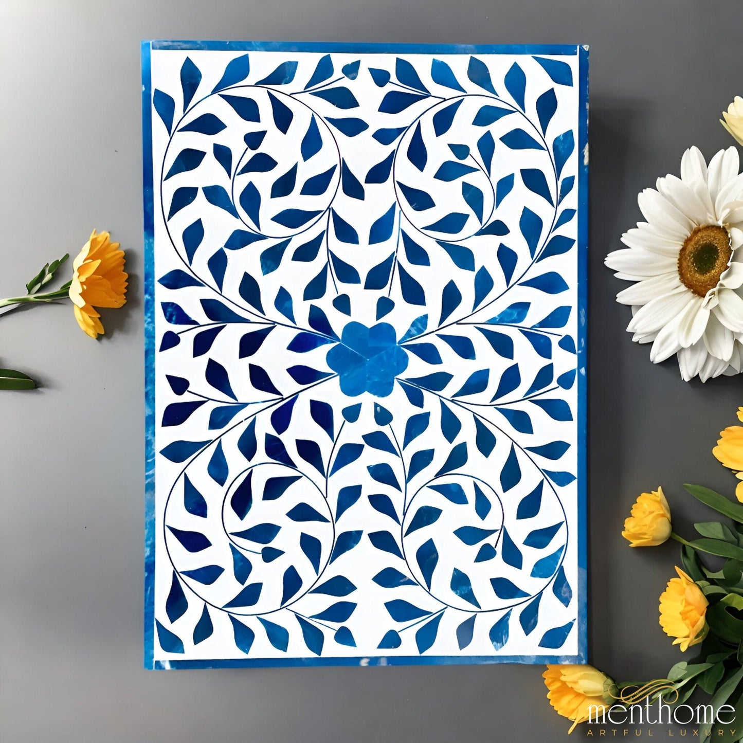 Floral Pattern 2-Drawer Resin Blue Bedside Table | Luxury Handmade Bedside Table