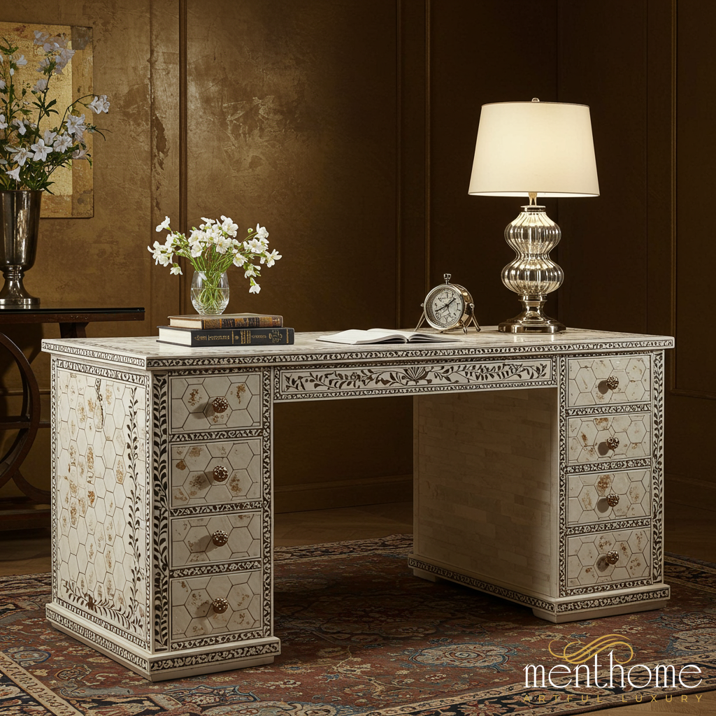 Handcrafted Hexagonal Pattern Wooden Desk with Drawers | Luxury Handmade Desk