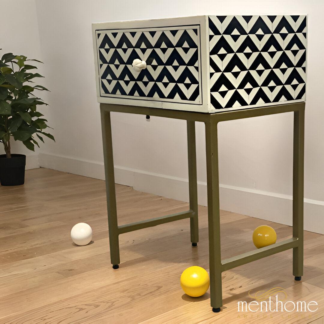 Monochrome Mirage β Artisanal Resin Zigzag One-Drawer Bedside Table with Brushed Brass Frame | Luxury Handmade Bedside Table