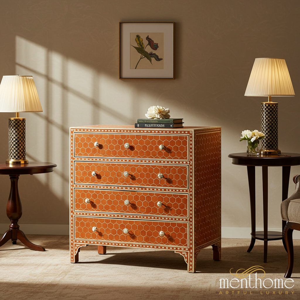 Handcrafted Bone Inlay Honeycomb Chest of Drawers | Luxury Handmade Chest of Drawer