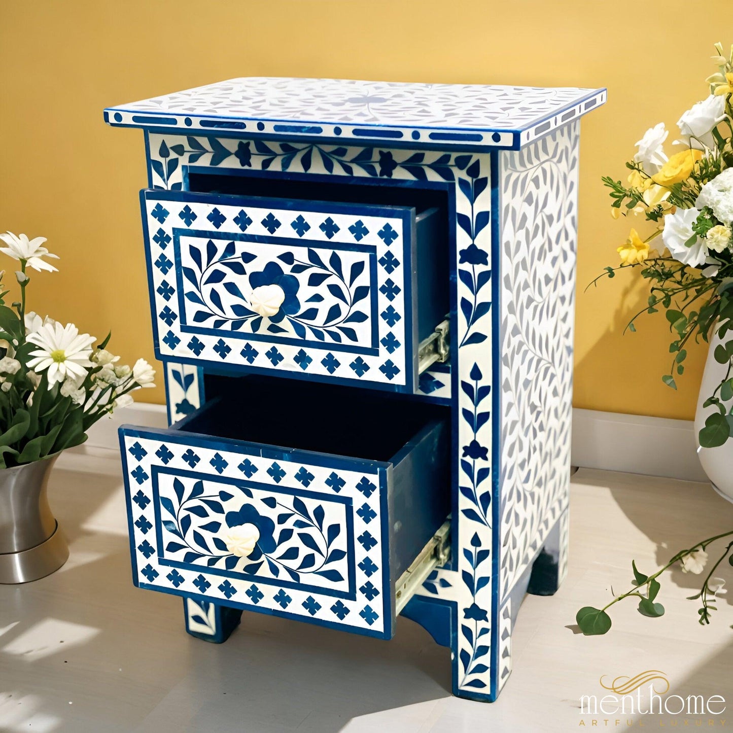 Floral Pattern 2-Drawer Resin Blue Bedside Table | Luxury Handmade Bedside Table