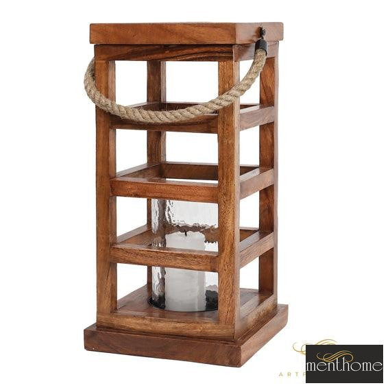 Rectangular Wooden Lantern With Jute Rope Candle Holder | Luxury Handmade Candle Holder
