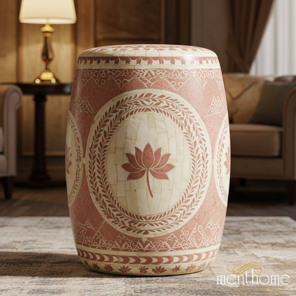 Handcrafted inlay Garden Stool with Lotus Motif | Luxury Handmade Stool