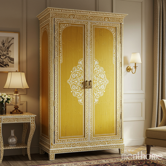 Hand-Painted Golden Ornate Wooden Wardrobe | Luxury Handmade Wardrobe