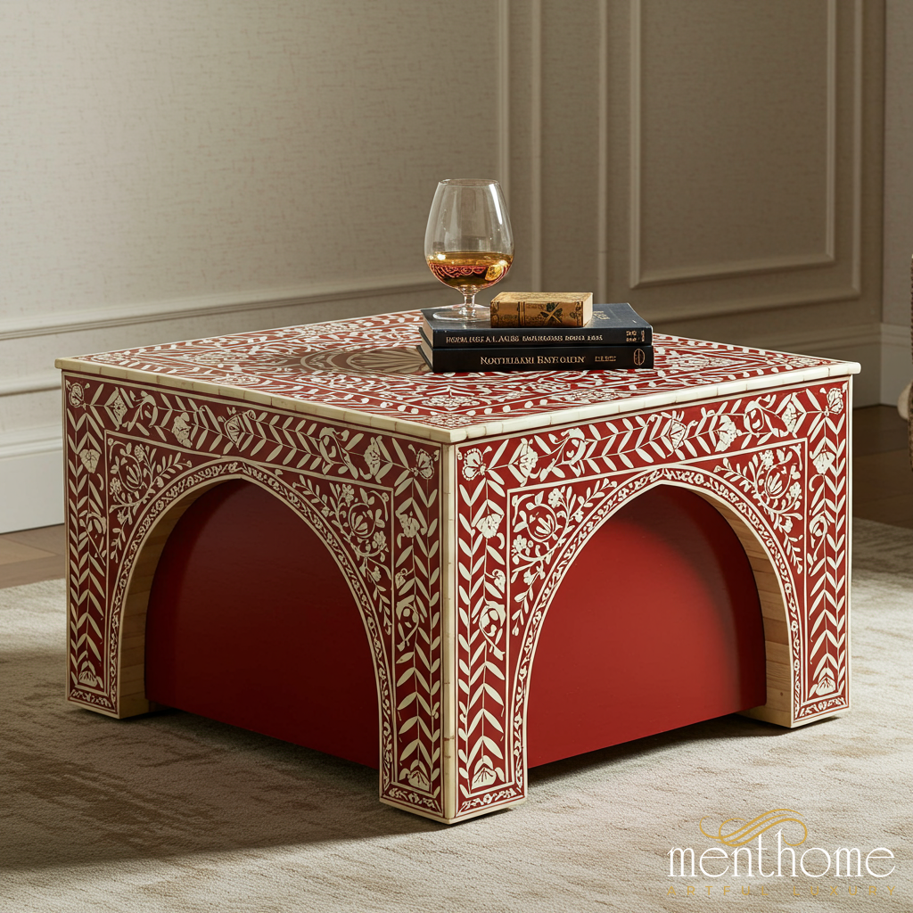 Handcrafted Red and Ivory Floral Inlay Square Coffee Table | Luxury Handmade Coffee Table