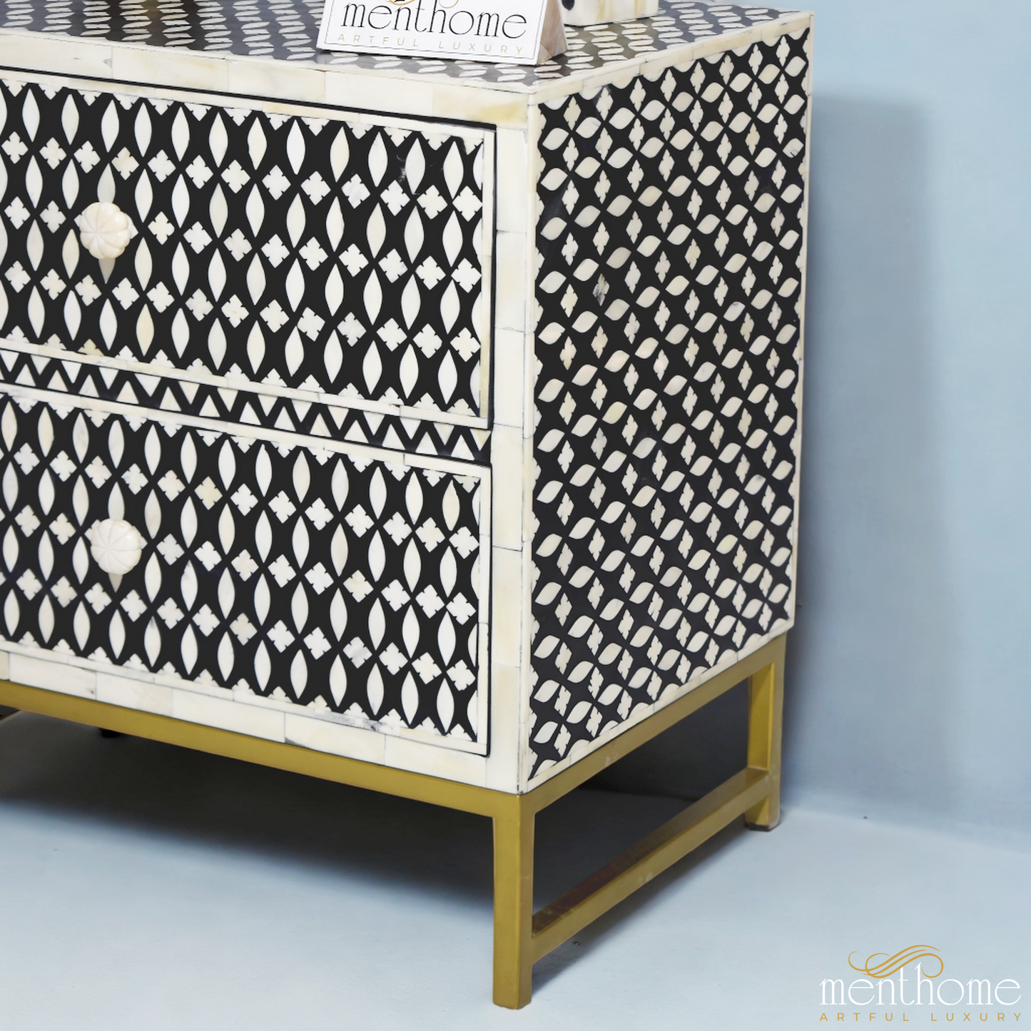 Eye Pattern 2 drawer Bedside Table Black Bone Inlay | Luxury Handmade Bedside Table