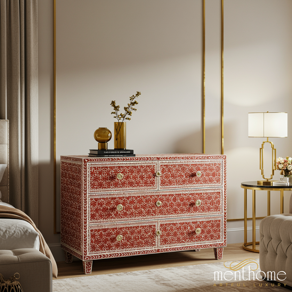 Red and White Patterned Wooden Chest of Drawers