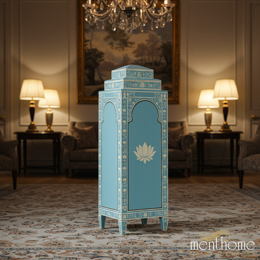 Hand-Painted Blue Floral Wooden Cabinet | Luxury Handmade Tallboy