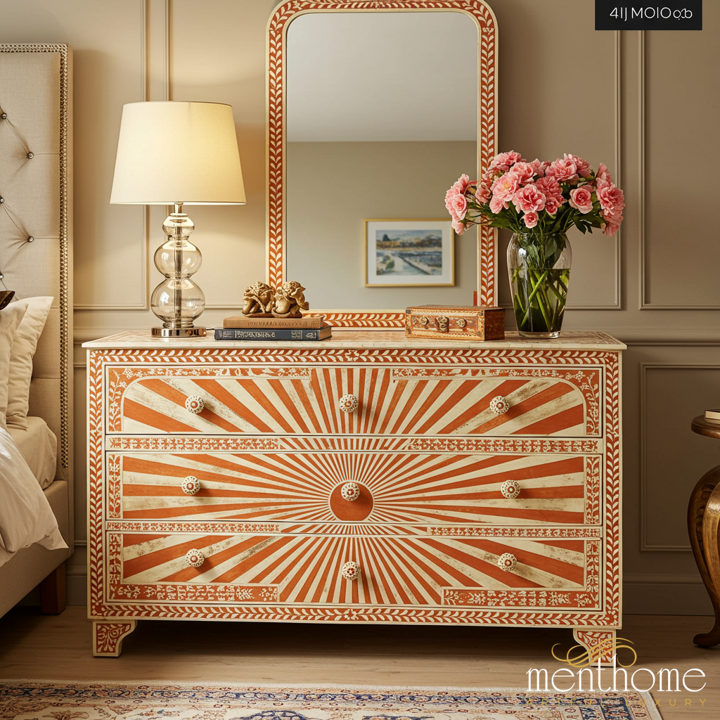 Hand-Painted Sunburst Wooden Dresser | Luxury Handmade Dresser