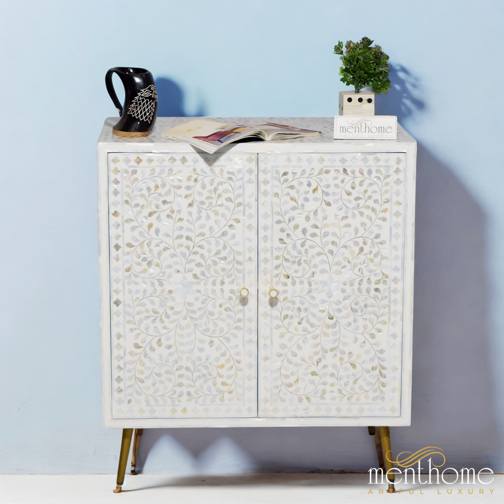 Mother of Pearl 2-door cabinet with brass leg | Luxury Handmade Cabinet