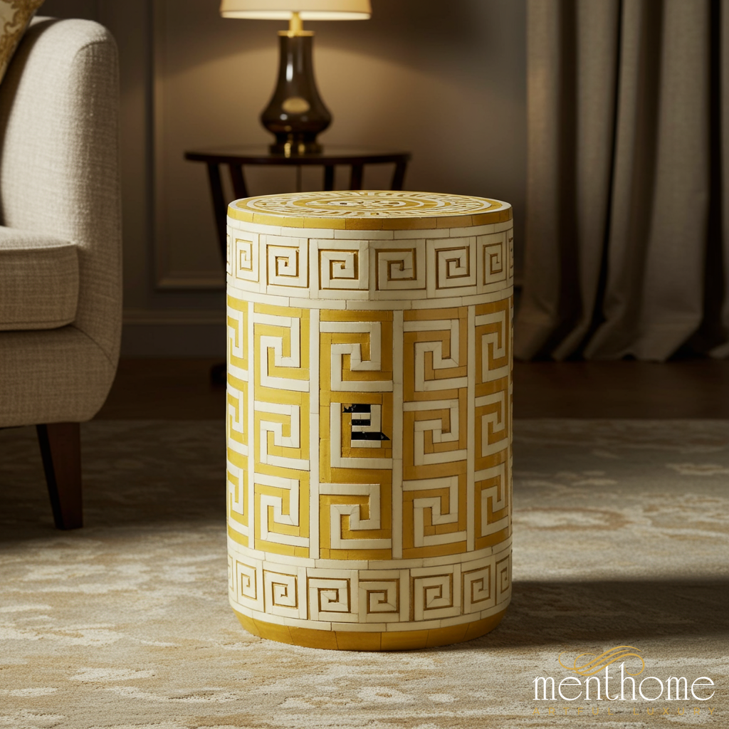 inlay Garden Stool with Greek Key Pattern | Luxury Handmade Stool