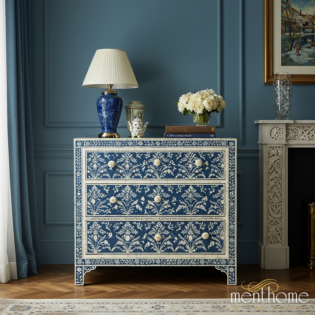 Handcrafted Blue and White Floral Bone Inlay Chest of Drawers | Luxury Handmade Chest of Drawer