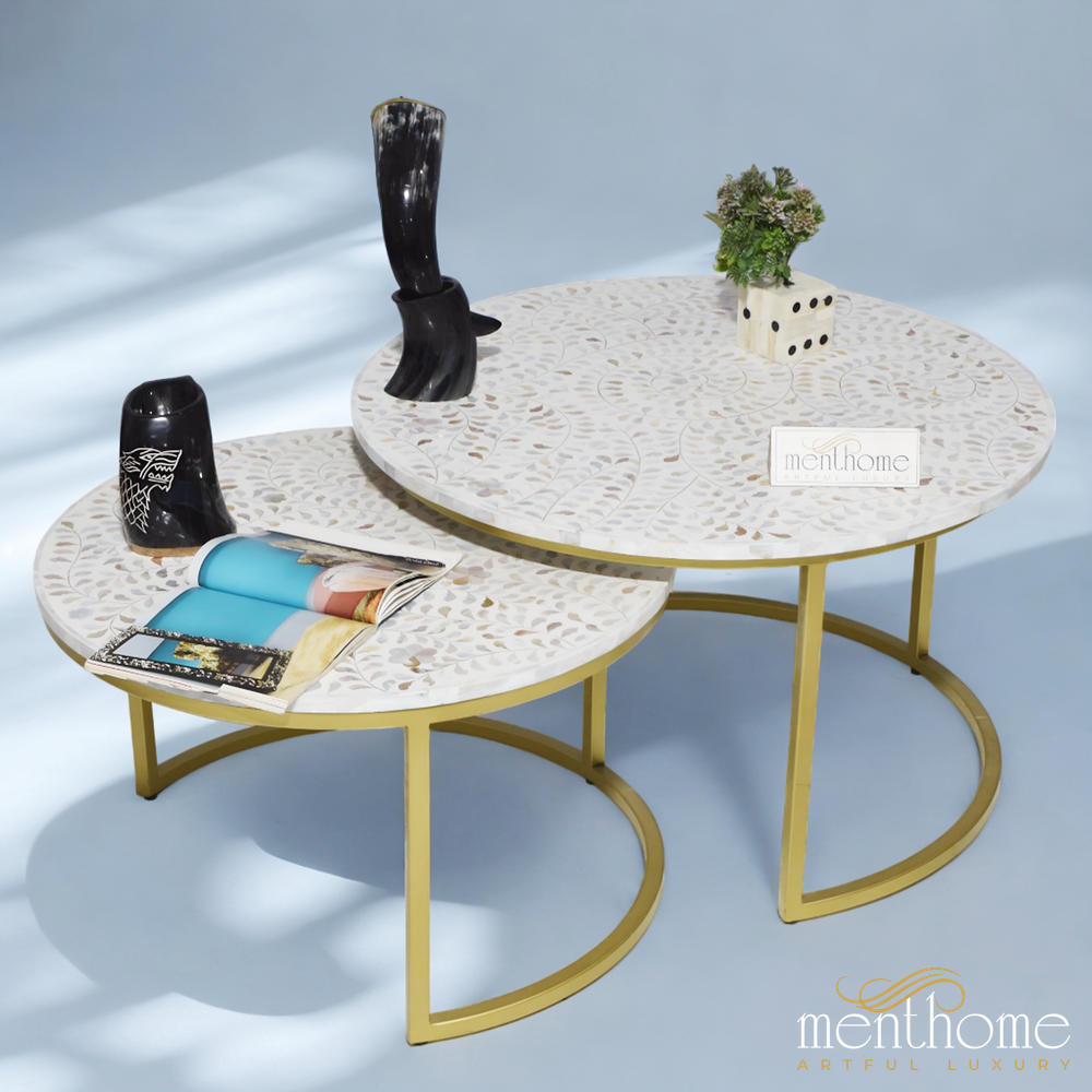 Mother of Pearl Set of 2 Coffee Table with Brass base | Luxury Handmade Coffee Table