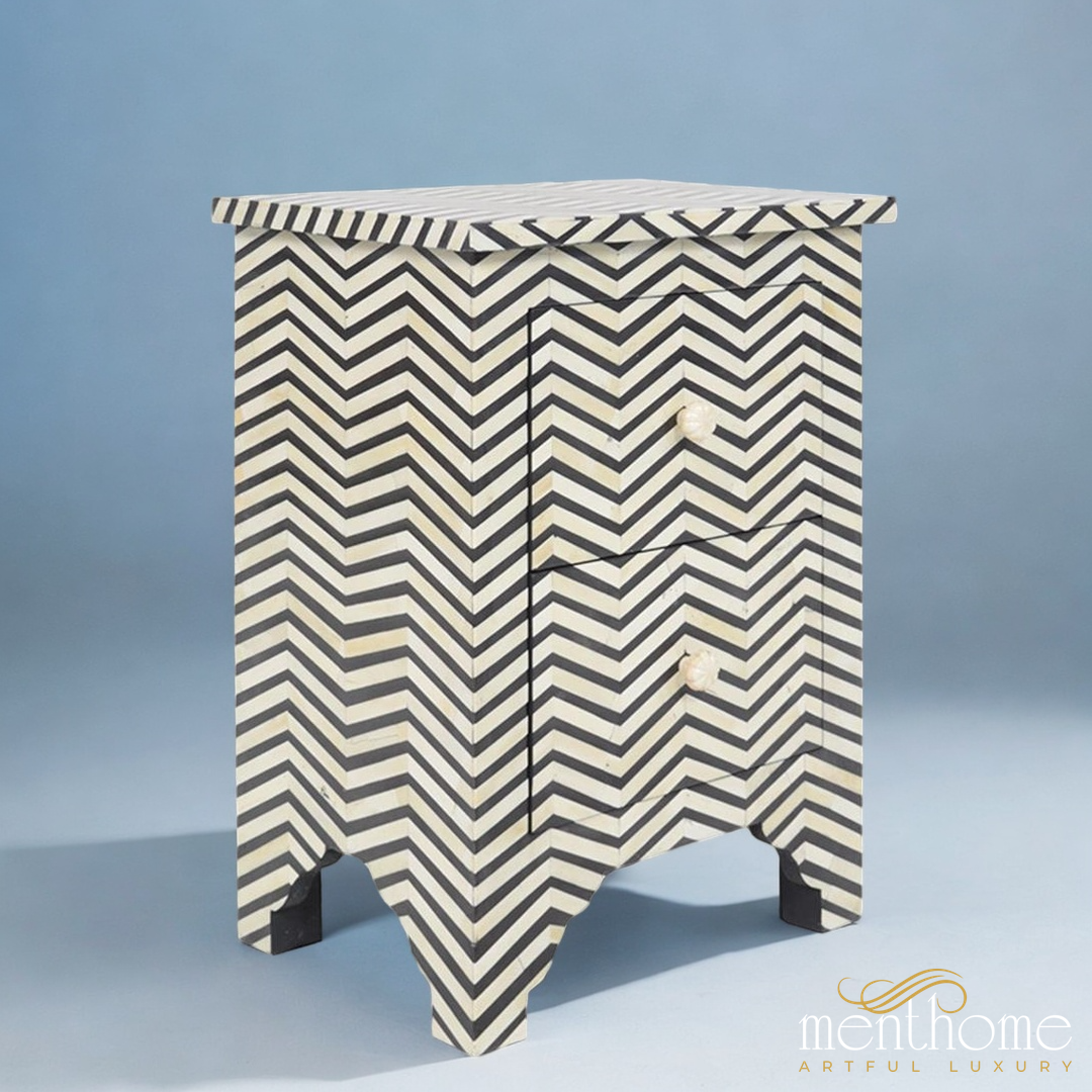 Chevron Bone Inlay 2 Drawer Bedside table | Luxury Handmade Bedside Table
