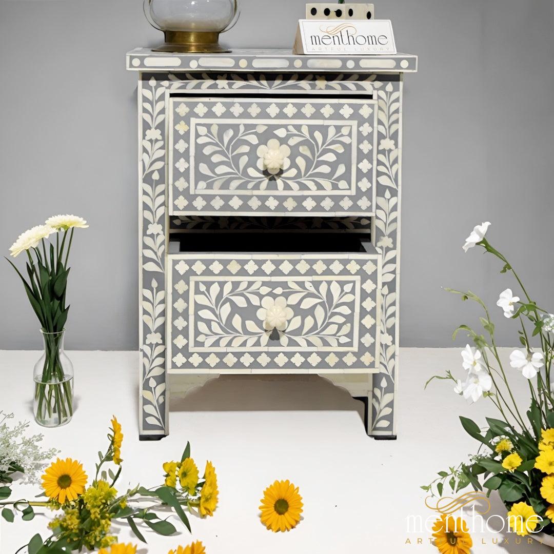Bone Inlay Grey Floral 2 Drawer Nightstand | Luxury Handmade Bedside Table