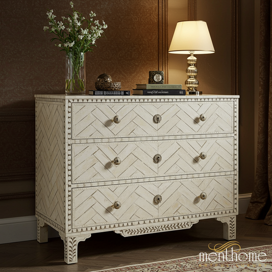 Elegant Inlaid Bone Three-Drawer Chest | Luxury Handmade Dresser