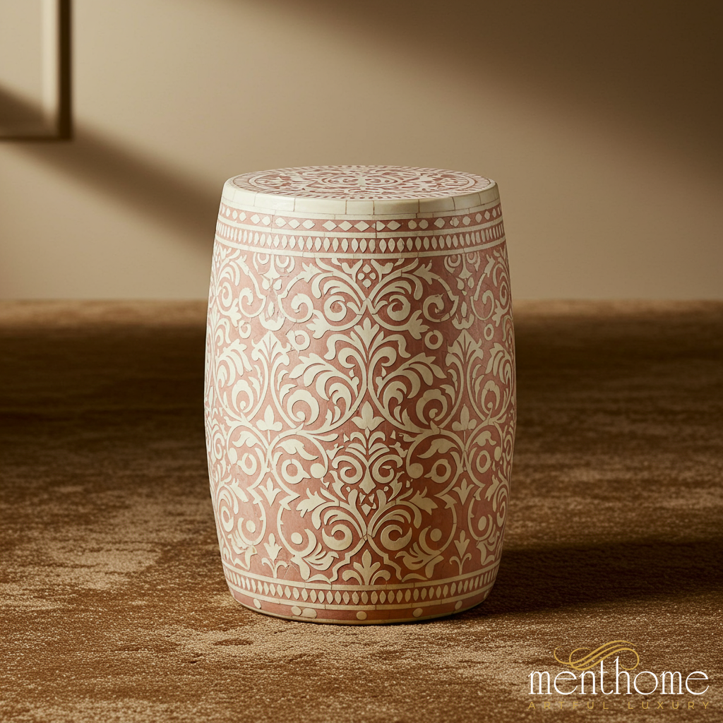 Decorative inlay Garden Stool with Ornate Pattern | Luxury Handmade Stool