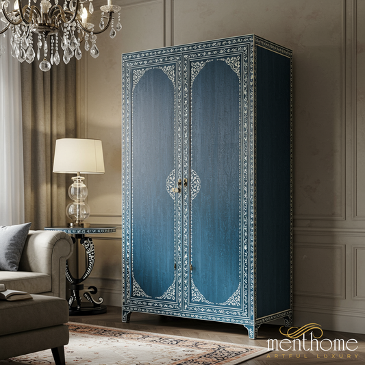 Elegant Blue Inlaid Wooden Wardrobe | Luxury Handmade Wardrobe