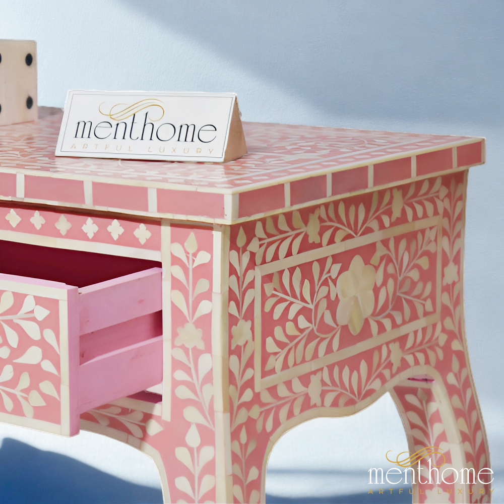 2-Drawers Pink Floral Boen Inlay Bedside Table | Luxury Handmade Bedside Table