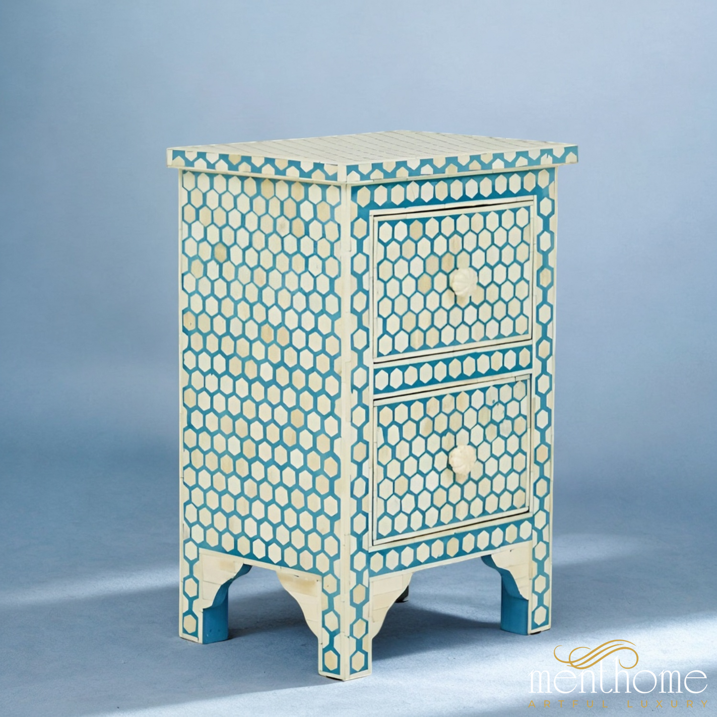 Hexagonal Design 2 Drawers Bedside Table Teal Blue | Luxury Handmade Bedside Table
