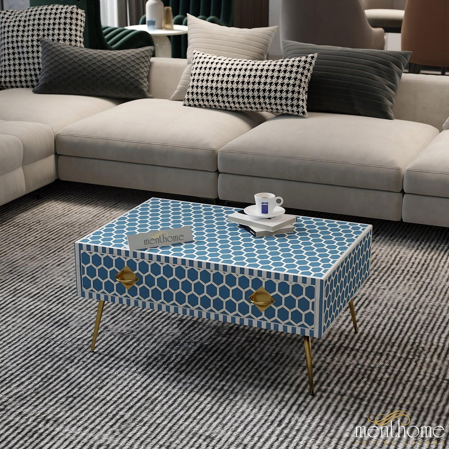 Bone Inlay Wooden Honeycomb Coffee Table | Luxury Handmade Coffee Table